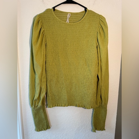 Anthropologie Smocked Long Sleeve Puff Sleeves Green Ruched Top Size Medium - Picture 2 of 9
